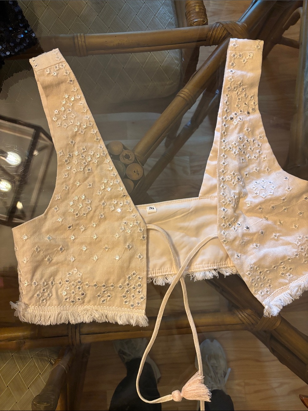 Embroidered Beige Tie-Back Crop Top